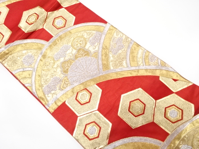 アンティーク　青海波に桐・菊・亀甲模様織り出し袋帯（着用可）